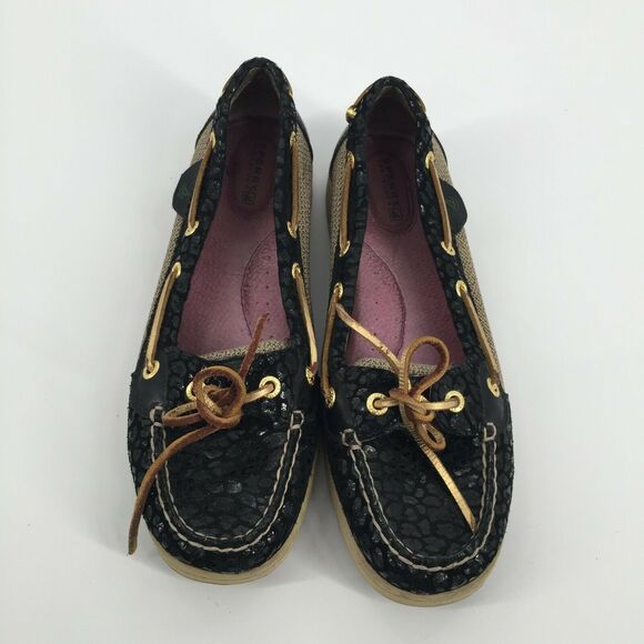 Sperry Top Sider Angelfish Boat Shoes Size 8.5 Black Cheetah Print Gold Loafers - Picture 2 of 8